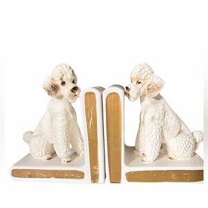 Vintage White Poodle Dog Bookends Hollywood Regency Ceramic 6” x 3” Mid Century